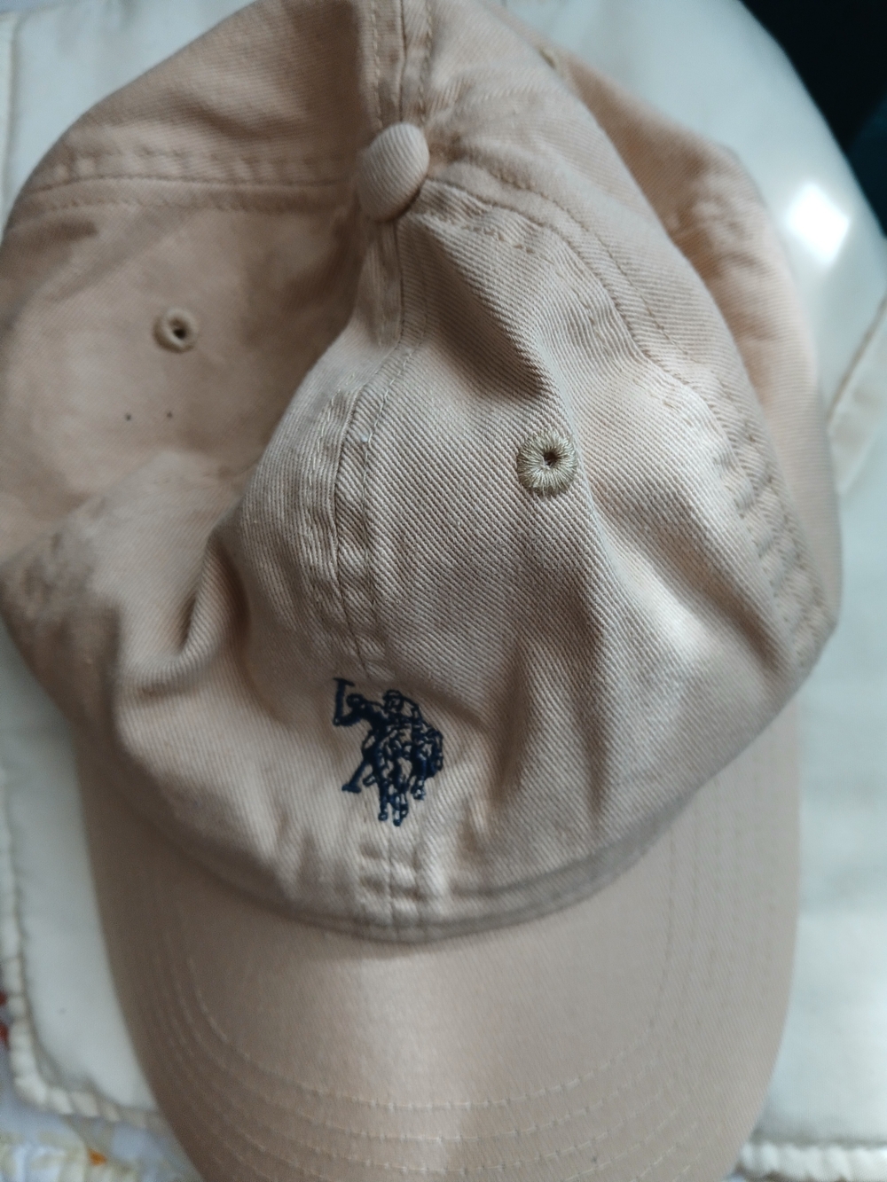 Beige Cotton Baseball Cap with Navy Embroidery